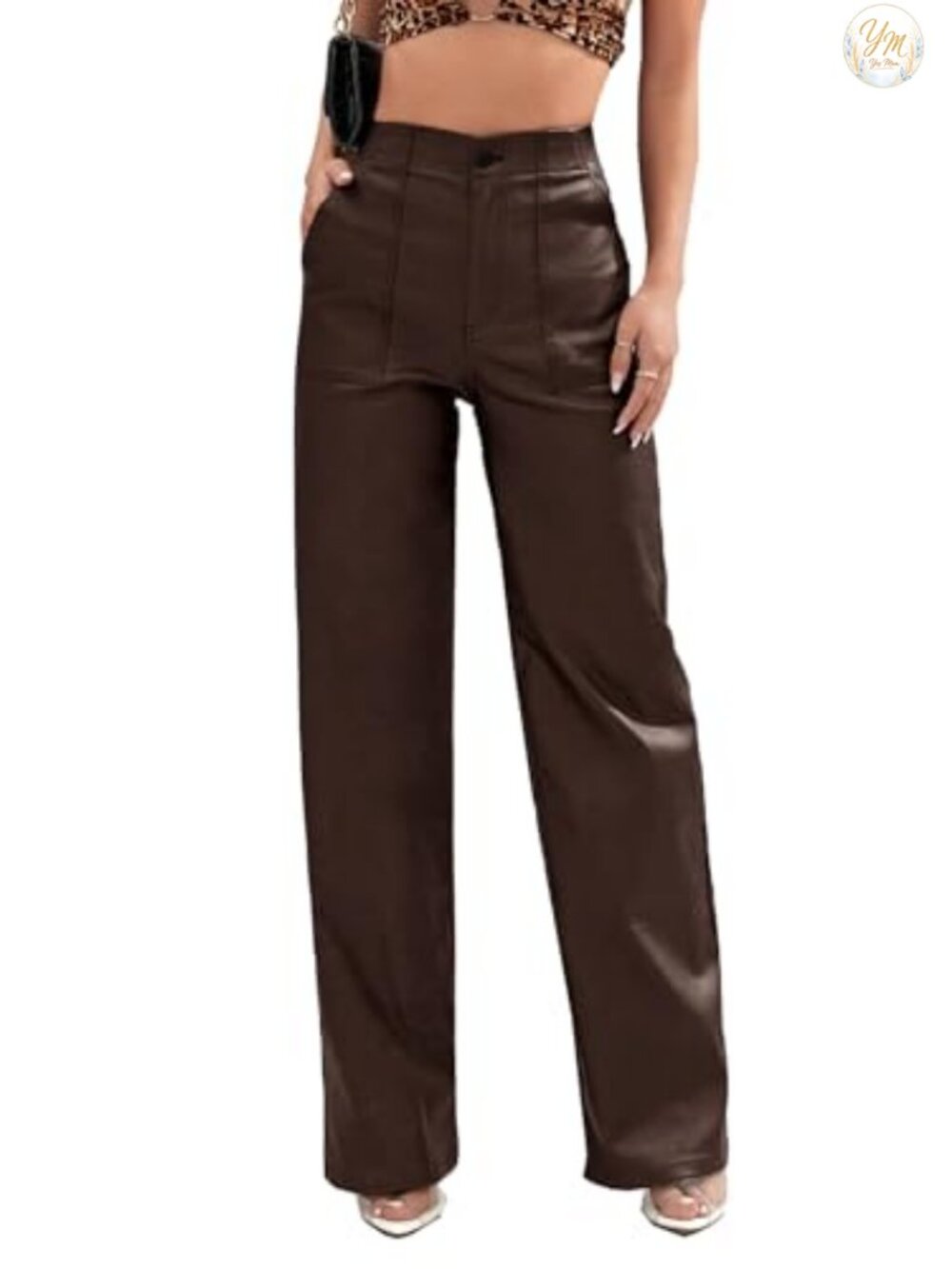 Faux Leather High Waist Straight Leg Wide Leg Pants with Pockets